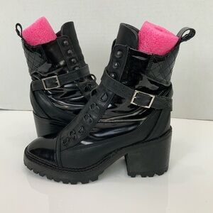 The Kooples Sz 37 Black Leather Patent Buckle Block Heel Lace Up Combat Boots